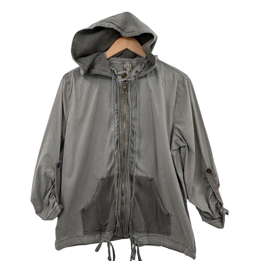 XCVI Utility Windbreaker Jacket Full Zip Womens Large Slate Gray Hood Drawstring